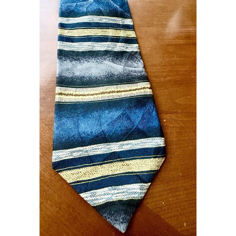 Vintage Honors Men's Tie Blue Gold Gray Abstract Striped Woven Silk 90s Retro